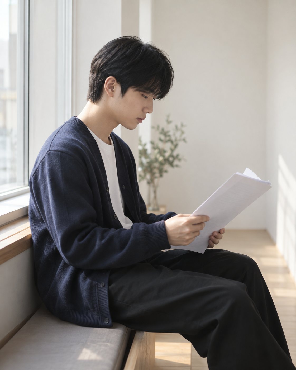 창가에 앉아 인쇄한 리포트를 읽는 학생